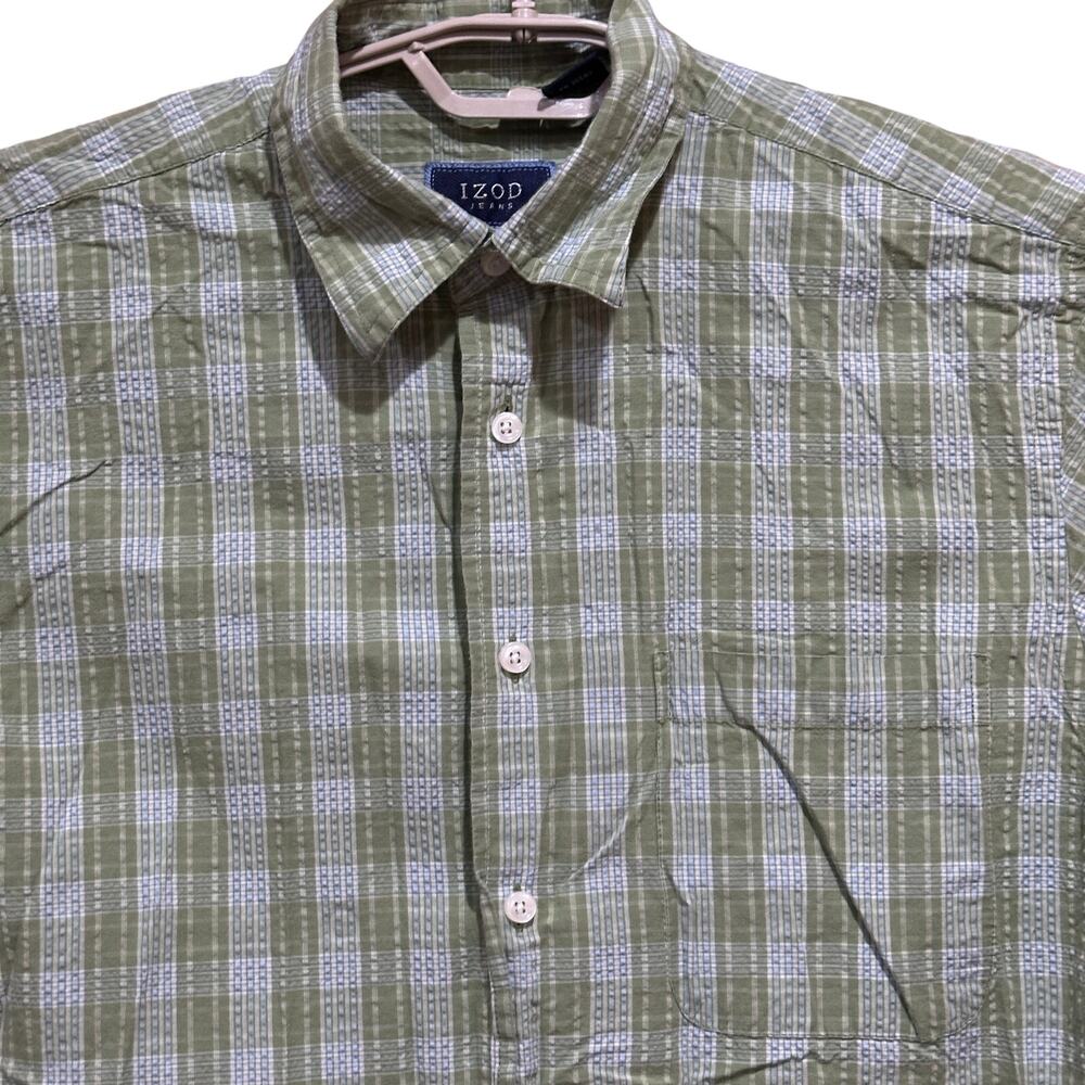 Izod Button Up Shirt Men Size M Green Blue Plaid Short Sleeve Cotton Blend